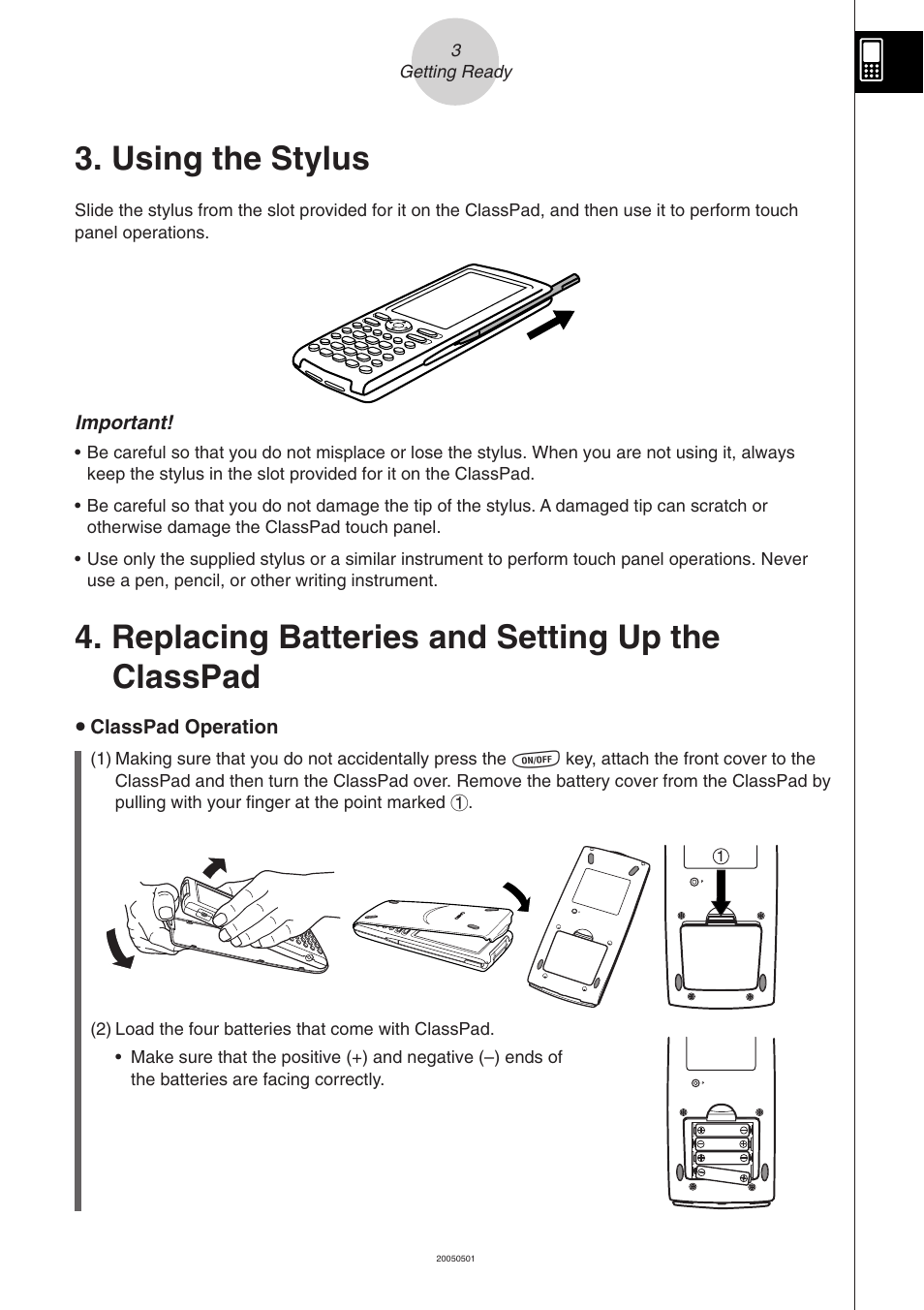 Using the stylus, Replacing batteries and setting up the classpad | Casio ClassPad 300 PLUS User Manual | Page 5 / 753