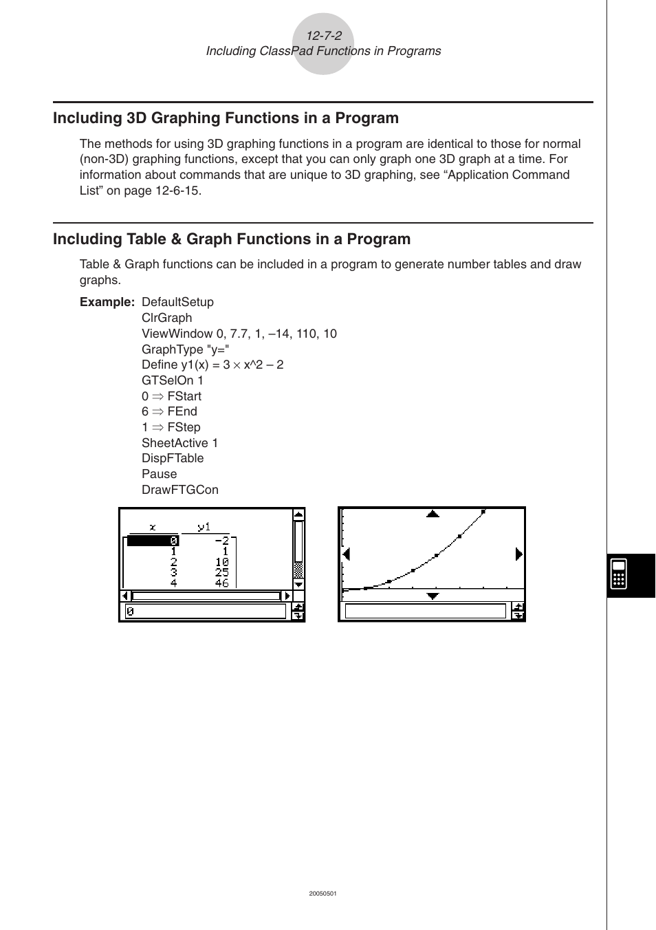 Including 3d graphing functions in a program, Including table & graph functions in a program | Casio ClassPad 300 PLUS User Manual | Page 593 / 753