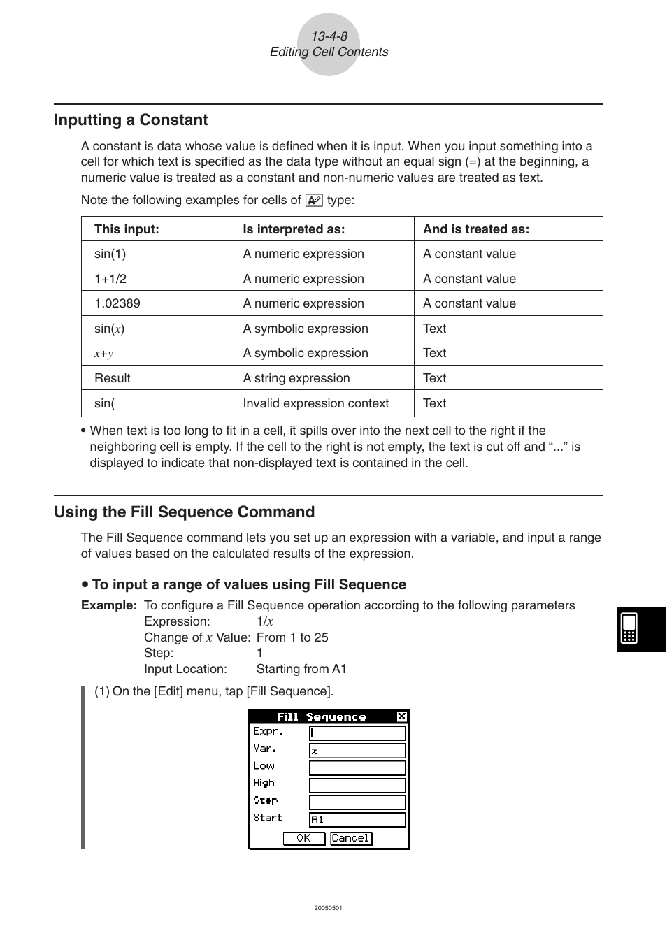 Inputting a constant, Using the fill sequence command | Casio ClassPad 300 PLUS User Manual | Page 614 / 753