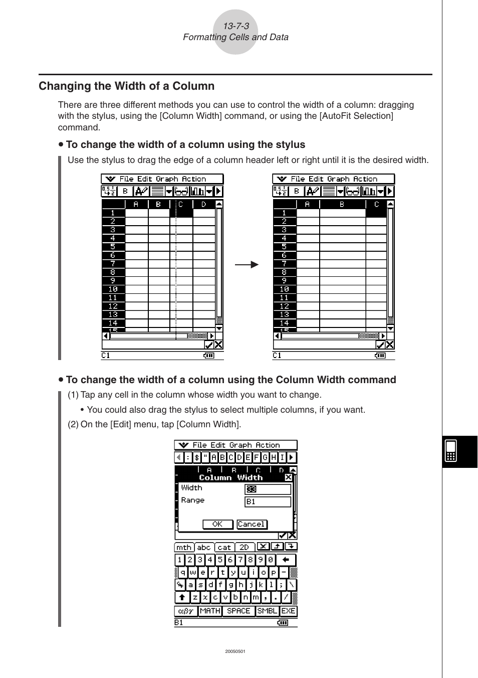 Changing the width of a column -7-3, Changing the width of a column | Casio ClassPad 300 PLUS User Manual | Page 645 / 753