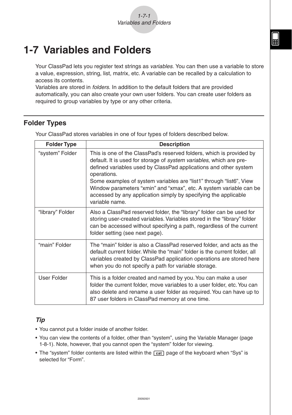 7 variables and folders, 7 variables and folders -7-1, Folder types -7-1 | Variables and folders, Folder types | Casio ClassPad 300 PLUS User Manual | Page 67 / 753