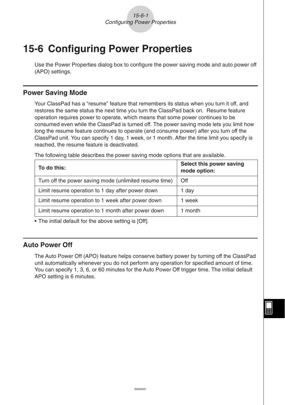 6 configuring power properties, 6 configuring power properties -6-1, Power saving mode -6-1 auto power off -6-1 | Casio ClassPad 300 PLUS User Manual | Page 690 / 753