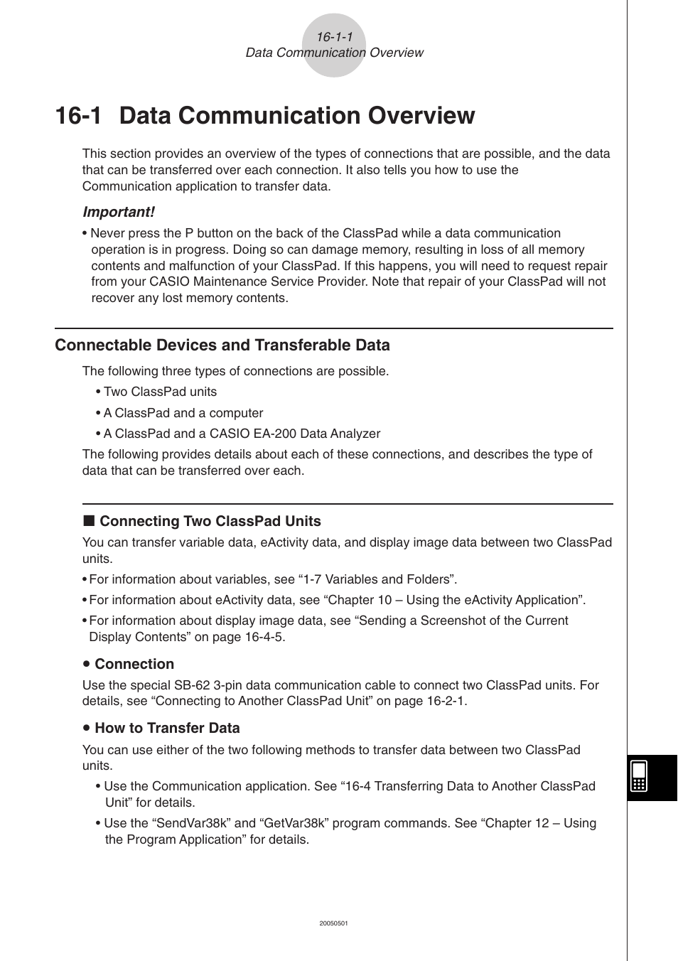 1 data communication overview, 1 data communication overview -1-1, Connectable devices and transferable data -1-1 | Data communication overview | Casio ClassPad 300 PLUS User Manual | Page 700 / 753