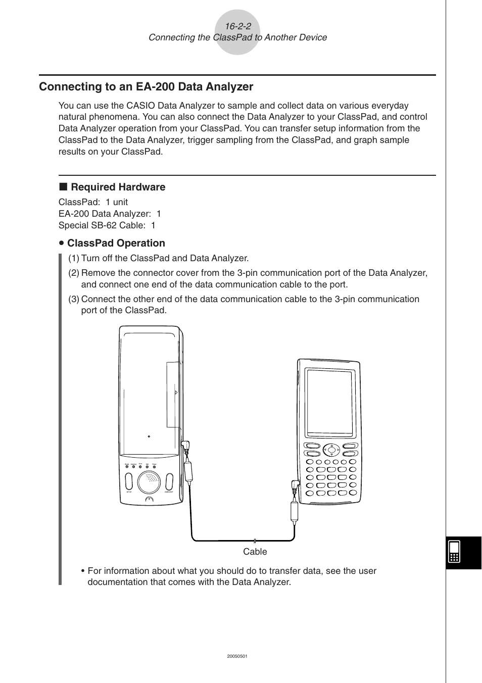 Connecting to an ea-200 data analyzer -2-2, Connecting to an ea-200 data analyzer, K required hardware | U classpad operation, 2-2 connecting the classpad to another device | Casio ClassPad 300 PLUS User Manual | Page 704 / 753