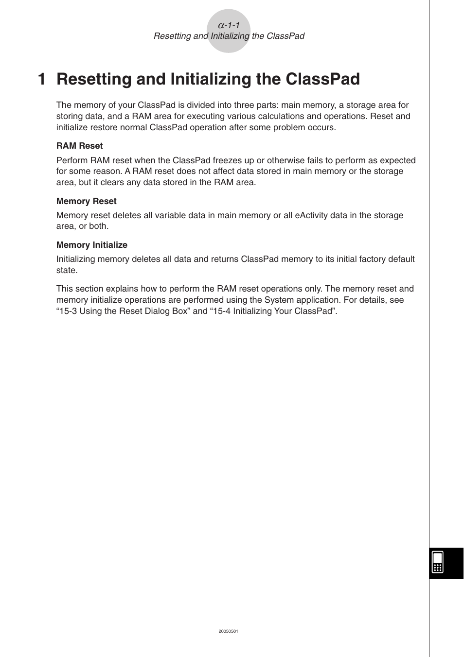 1 resetting and initializing the classpad, Resetting and initializing the classpad | Casio ClassPad 300 PLUS User Manual | Page 716 / 753