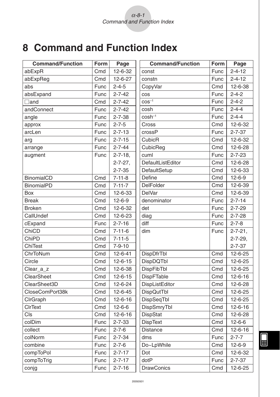 8 command and function index, Command and function index | Casio ClassPad 300 PLUS User Manual | Page 738 / 753