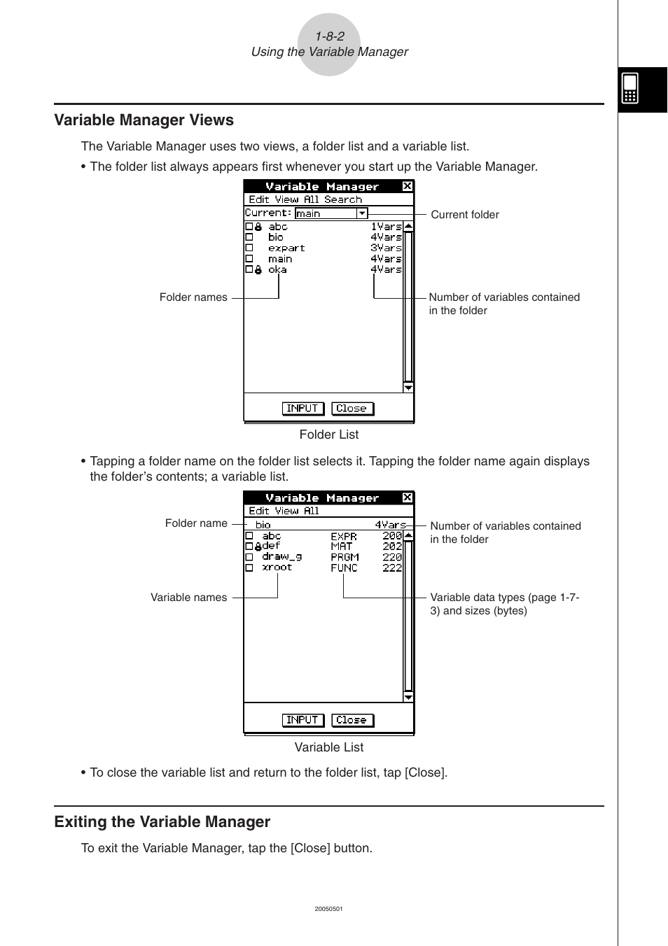 Exiting the variable manager, Variable manager views | Casio ClassPad 300 PLUS User Manual | Page 79 / 753