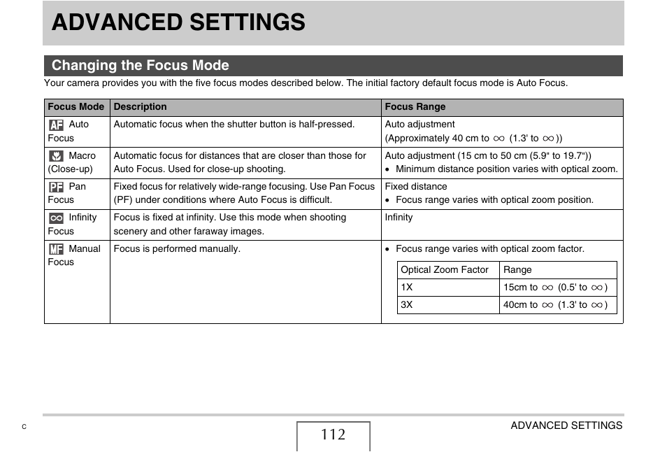 Advanced settings, Changing the focus mode | Casio EXILIM CARD EX-S770 User Manual | Page 112 / 290