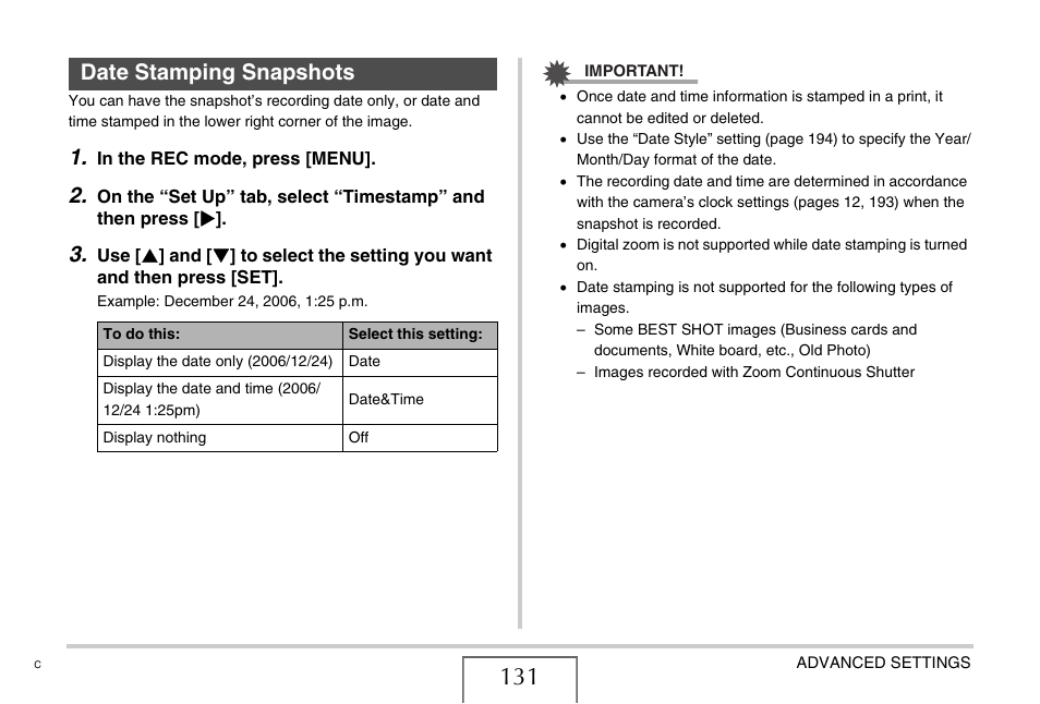 Date stamping snapshots, E 131) | Casio EXILIM CARD EX-S770 User Manual | Page 131 / 290