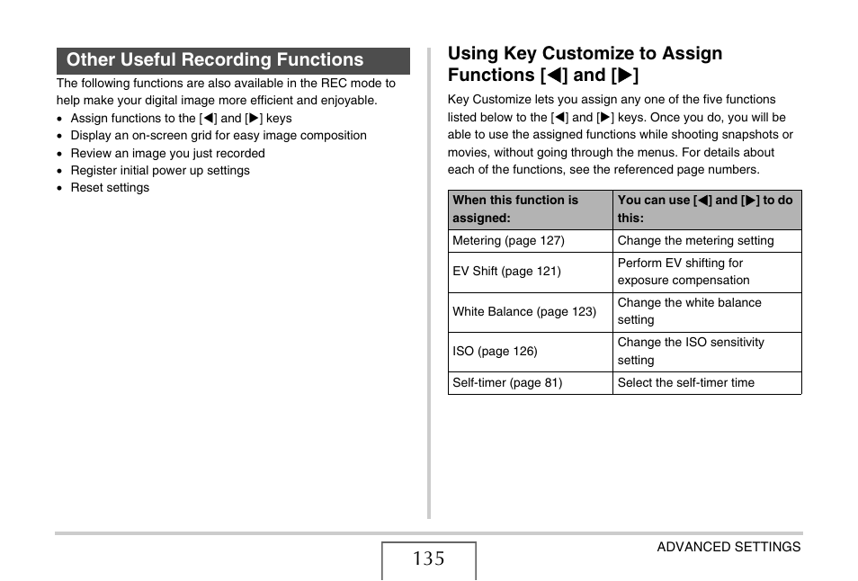 Other useful recording functions, Using key customize to assign functions [<] and, Using key customize to assign functions | W] and [x | Casio EXILIM CARD EX-S770 User Manual | Page 135 / 290