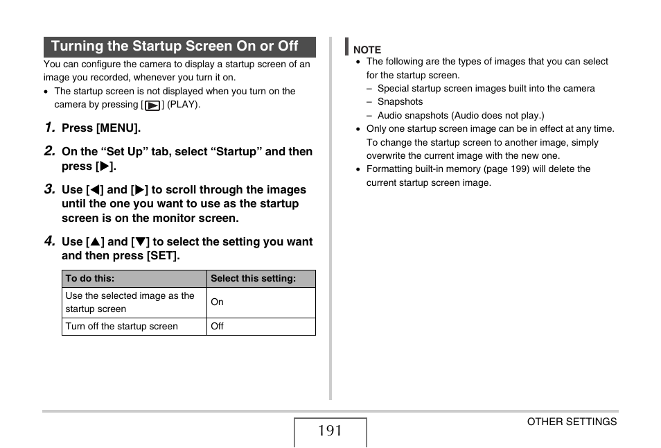 Turning the startup screen on or off | Casio EXILIM CARD EX-S770 User Manual | Page 191 / 290