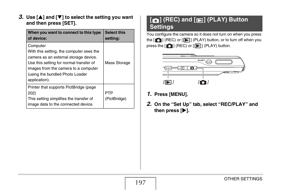 Rec) and [>] (play) button settings, Rec) and, Play) button settings | Rec) and [ ] (play) button settings | Casio EXILIM CARD EX-S770 User Manual | Page 197 / 290