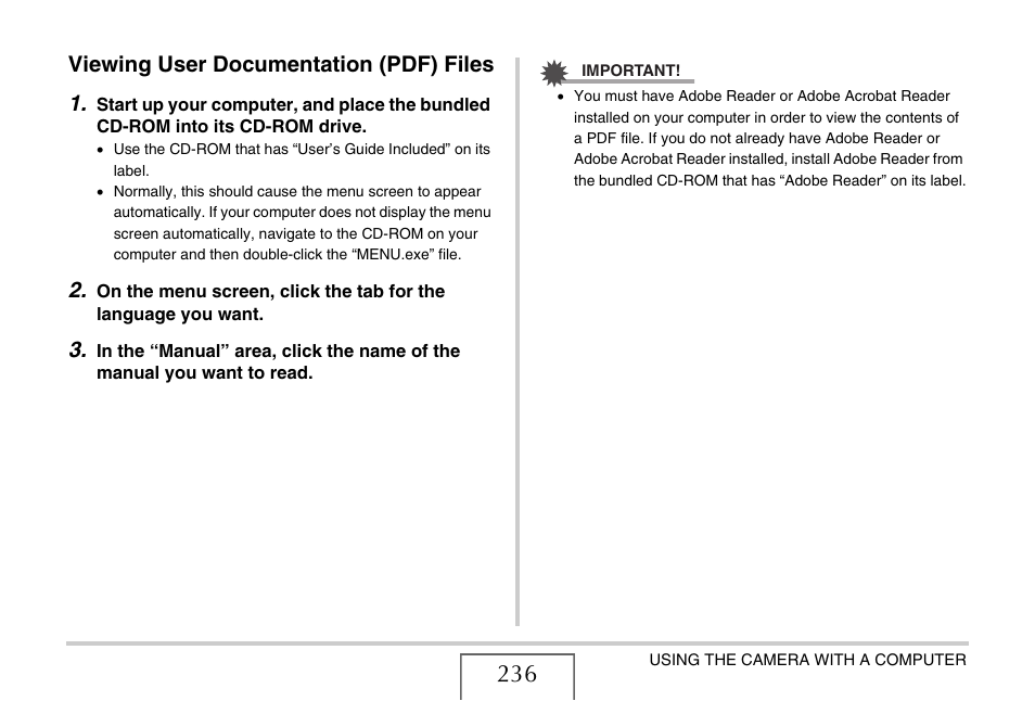Viewing user documentation (pdf) files, Viewing user documentation (pdf) files 1 | Casio EXILIM CARD EX-S770 User Manual | Page 236 / 290