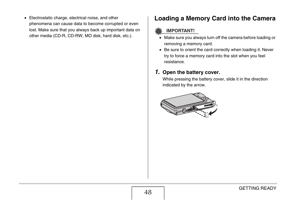 Loading a memory card into the camera | Casio EXILIM CARD EX-S770 User Manual | Page 48 / 290