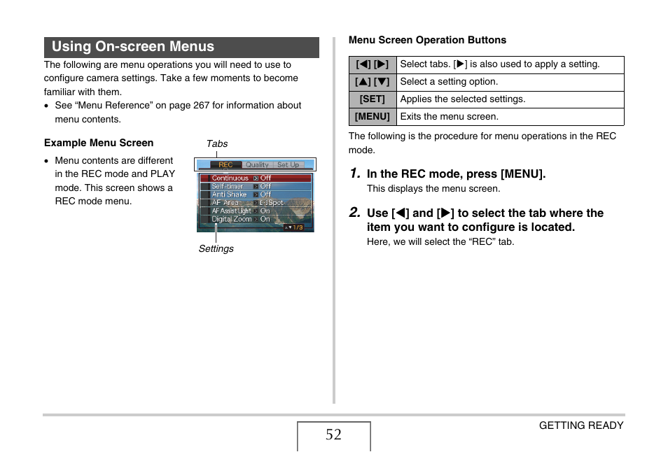 Using on-screen menus | Casio EXILIM CARD EX-S770 User Manual | Page 52 / 290