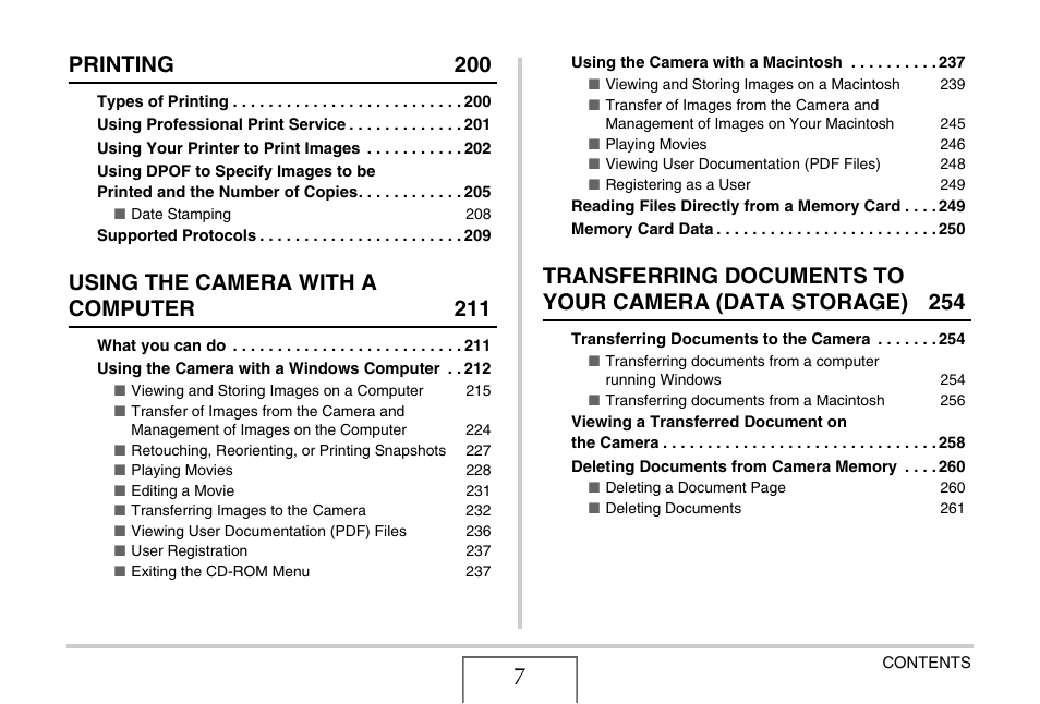 Printing 200, Using the camera with a computer 211 | Casio EXILIM CARD EX-S770 User Manual | Page 7 / 290