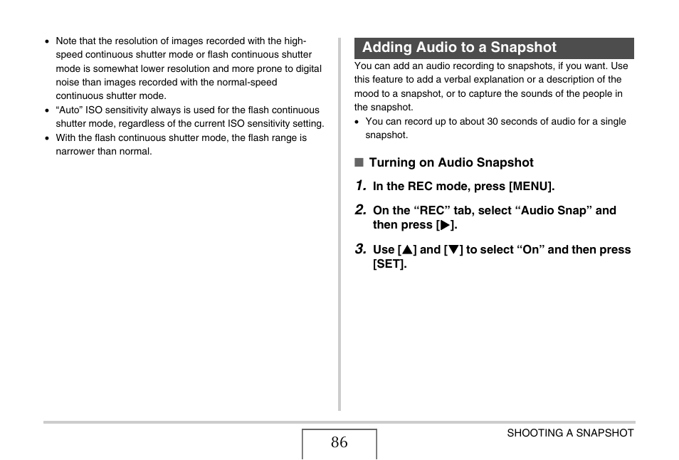 Adding audio to a snapshot | Casio EXILIM CARD EX-S770 User Manual | Page 86 / 290