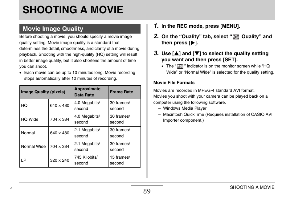 Shooting a movie, Movie image quality | Casio EXILIM CARD EX-S770 User Manual | Page 89 / 290