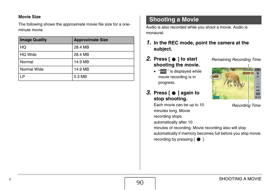 Shooting a movie, E 90 | Casio EXILIM CARD EX-S770 User Manual | Page 90 / 290