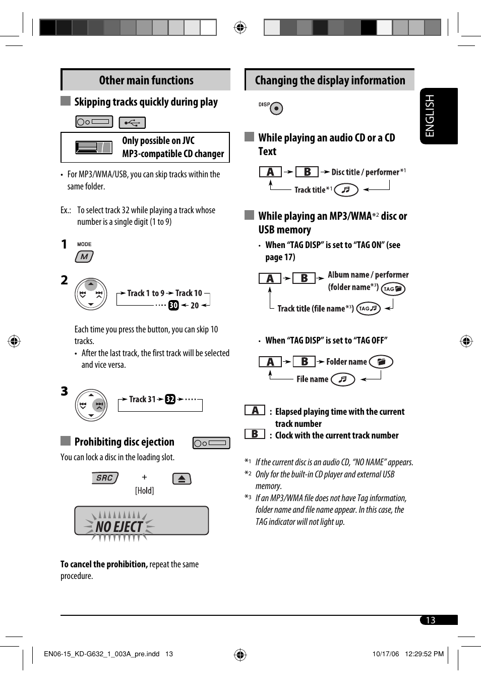 No eject, Changing the display information, Other main functions | English, Skipping tracks quickly during play, Prohibiting disc ejection | JVC KD-G631 User Manual | Page 13 / 86