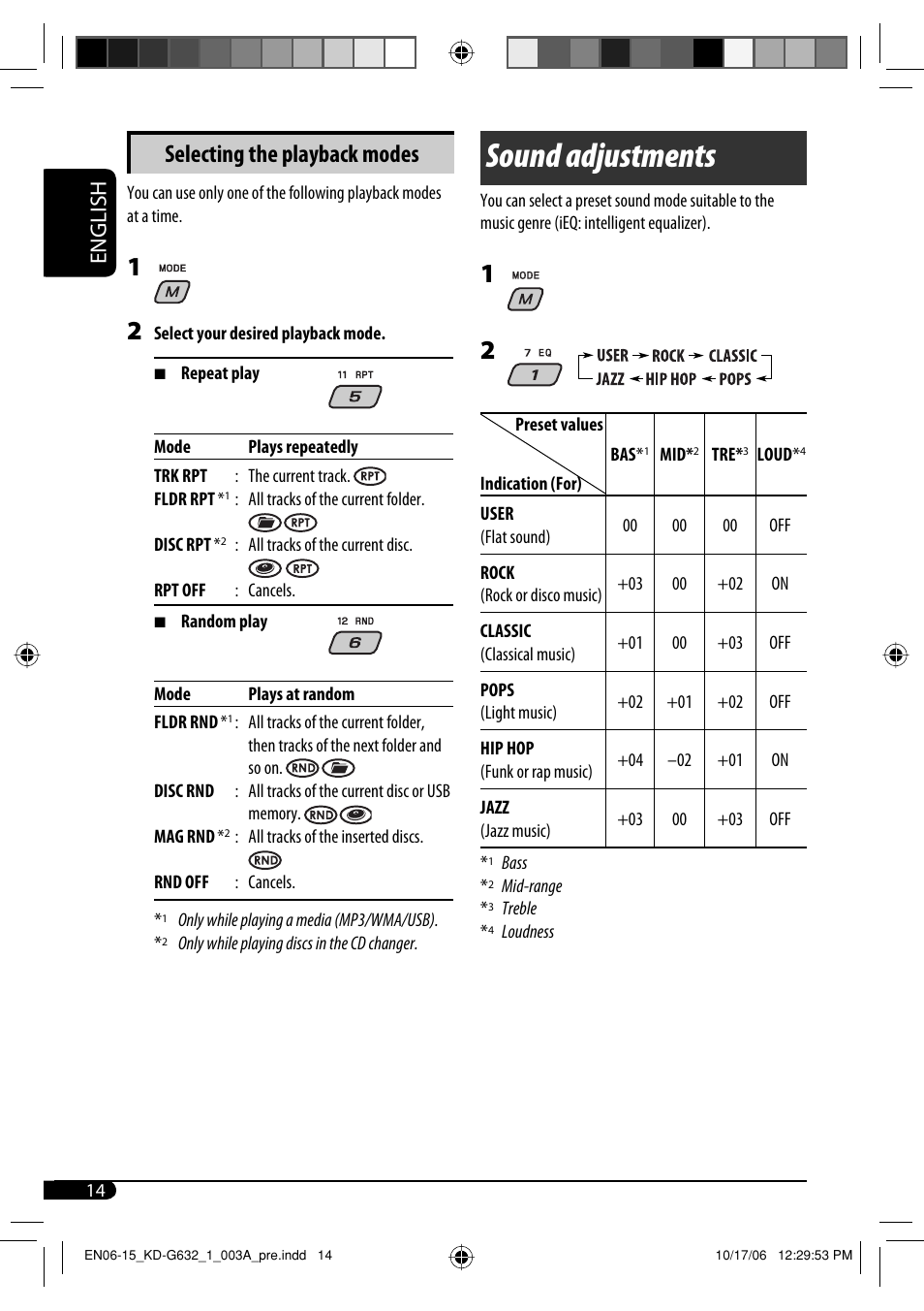 Sound adjustments, Selecting the playback modes, English | JVC KD-G631 User Manual | Page 14 / 86