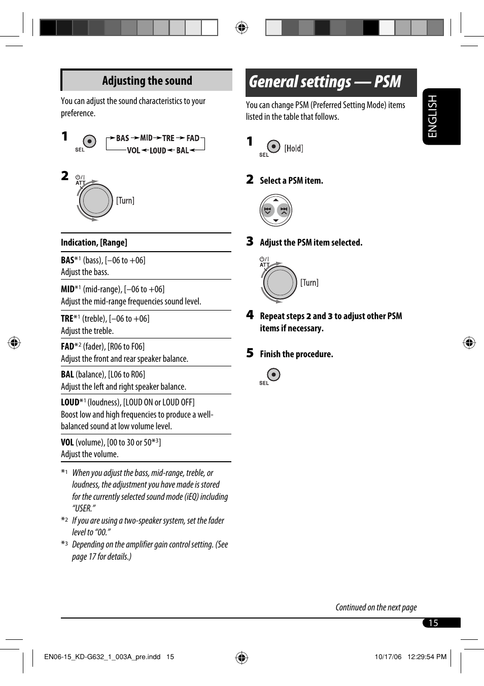 General settings — psm, Adjusting the sound, English | JVC KD-G631 User Manual | Page 15 / 86
