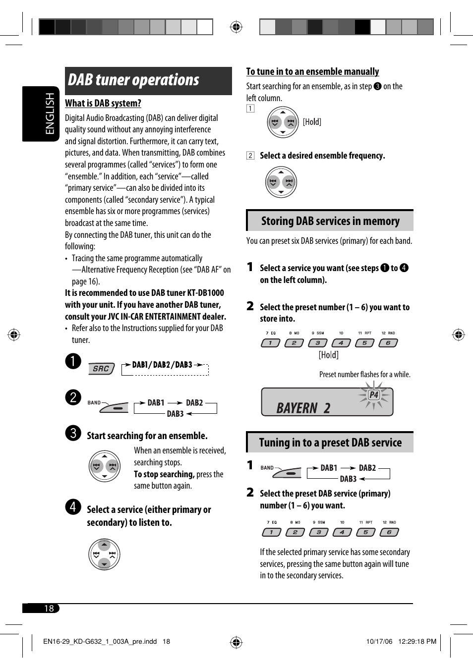 Dab tuner operations, Tuning in to a preset dab service | JVC KD-G631 User Manual | Page 18 / 86