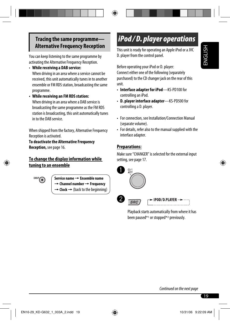 Ipod / d. player operations, English | JVC KD-G631 User Manual | Page 19 / 86