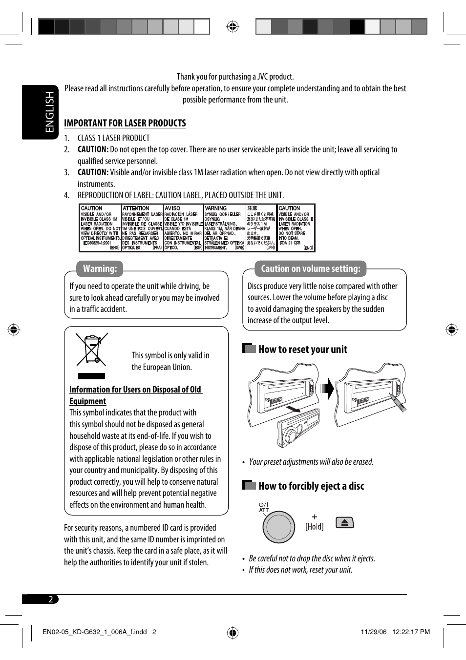 English, How to reset your unit, How to forcibly eject a disc | JVC KD-G631 User Manual | Page 2 / 86