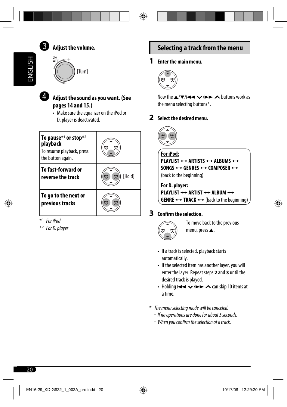 Selecting a track from the menu, English | JVC KD-G631 User Manual | Page 20 / 86