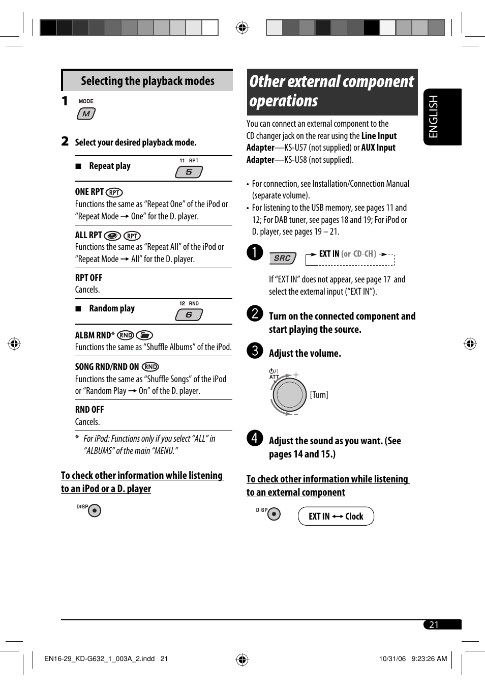 Other external component operations, Selecting the playback modes | JVC KD-G631 User Manual | Page 21 / 86