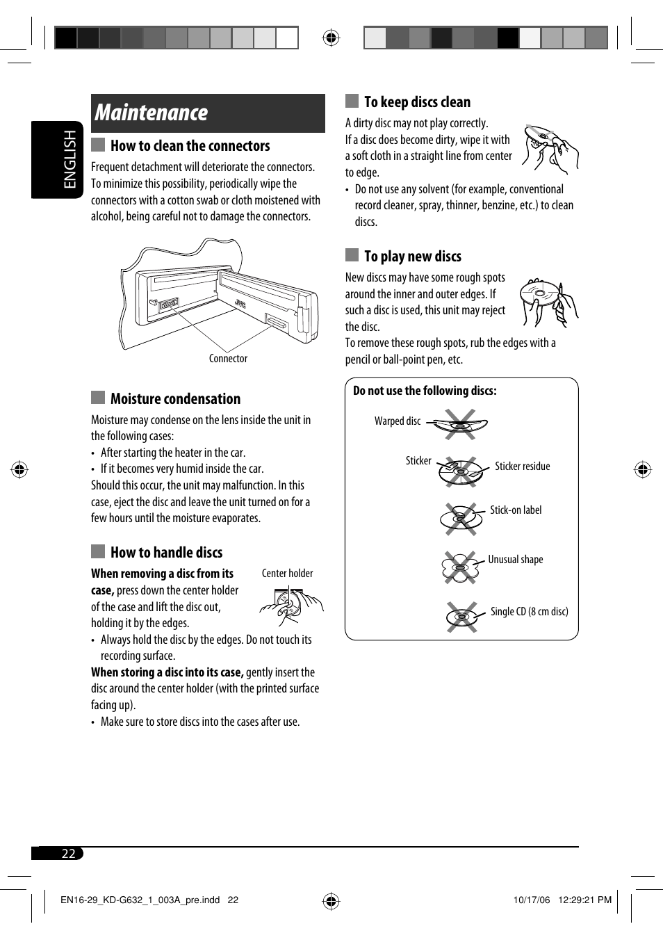 Maintenance, English, How to clean the connectors | Moisture condensation, How to handle discs | JVC KD-G631 User Manual | Page 22 / 86