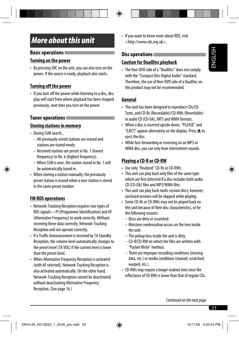 More about this unit, English, Basic operations | Tuner operations, Disc operations | JVC KD-G631 User Manual | Page 23 / 86