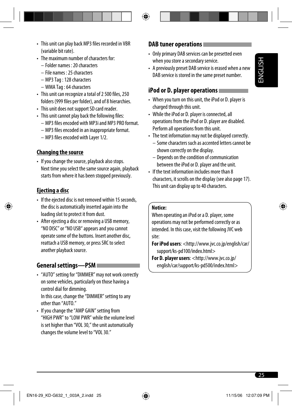 English, General settings—psm, Dab tuner operations | Ipod or d. player operations | JVC KD-G631 User Manual | Page 25 / 86