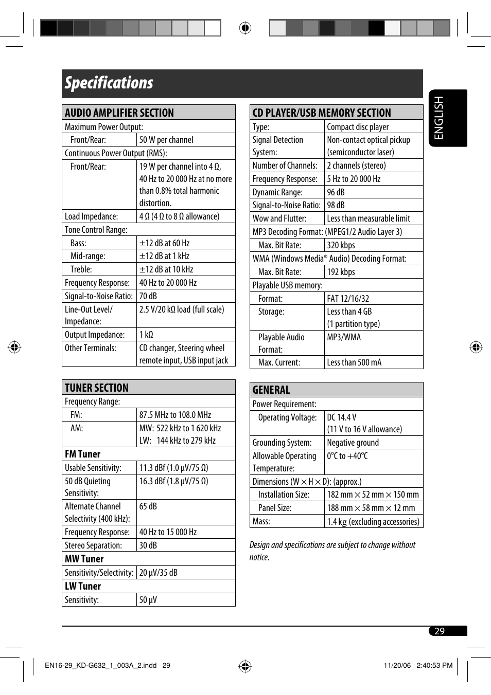 Specifications, English, General | JVC KD-G631 User Manual | Page 29 / 86