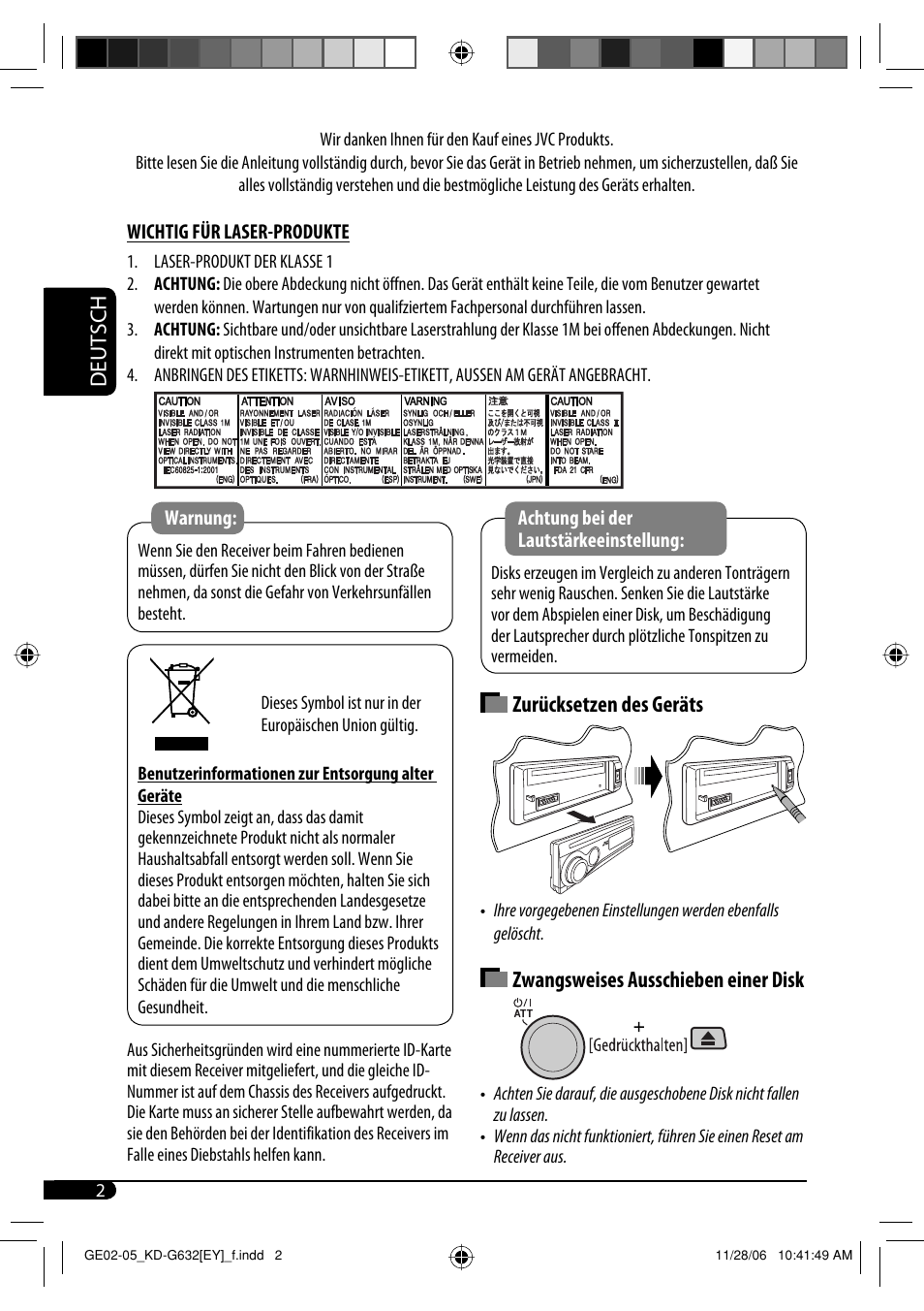 Deutsch, Zurücksetzen des geräts, Zwangsweises ausschieben einer disk | JVC KD-G631 User Manual | Page 30 / 86