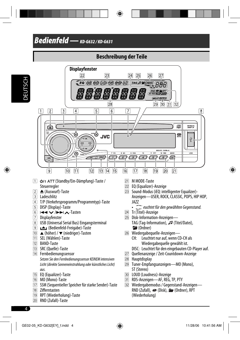 Bedienfeld, Beschreibung der teile, Deutsch | JVC KD-G631 User Manual | Page 32 / 86
