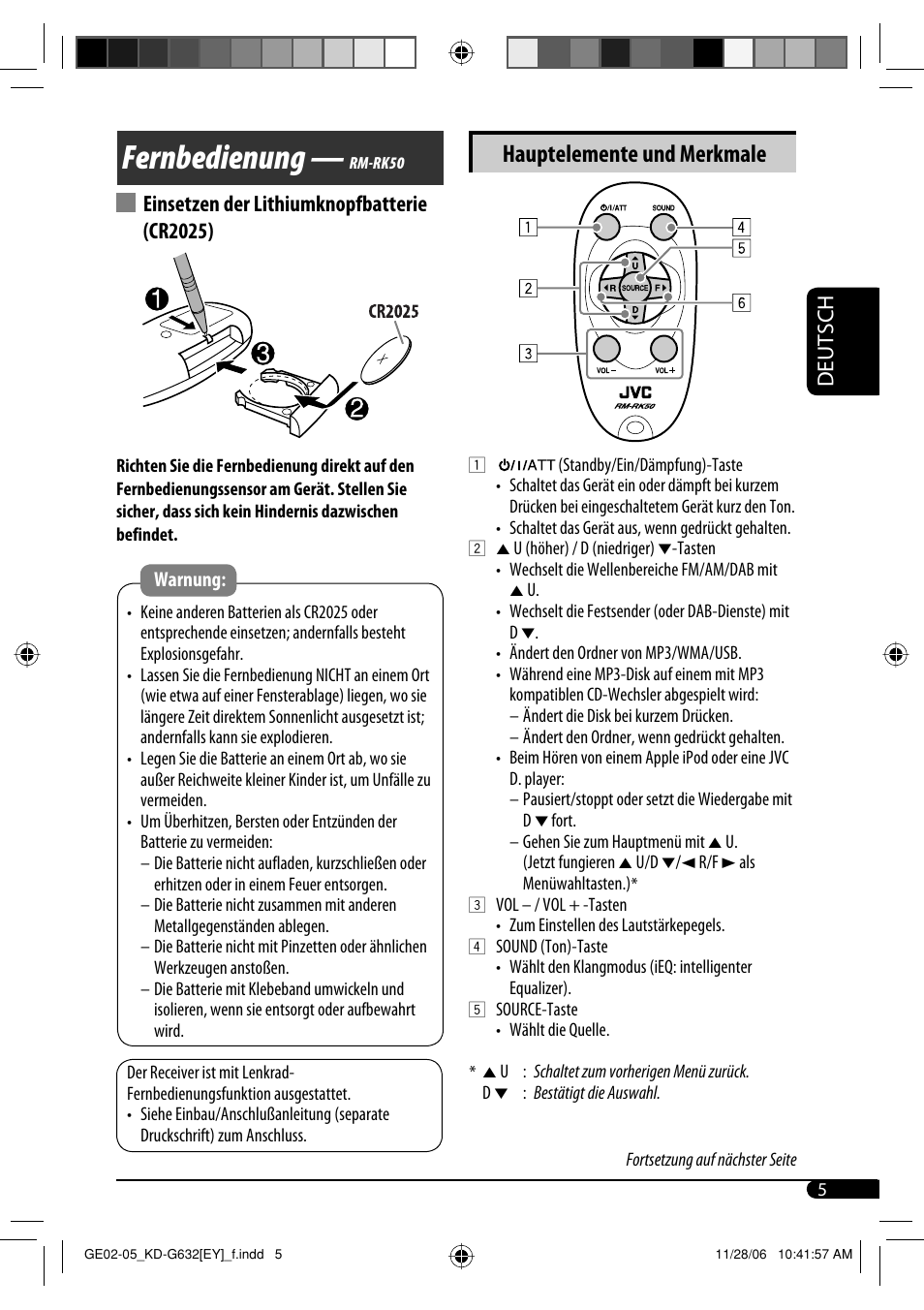 Fernbedienung, Hauptelemente und merkmale, Deutsch | Einsetzen der lithiumknopfbatterie (cr2025) | JVC KD-G631 User Manual | Page 33 / 86