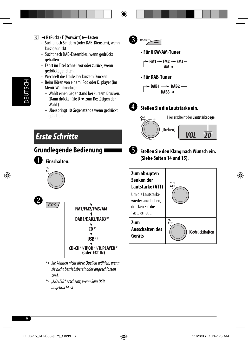 Erste schritte, Vol 20, Grundlegende bedienung | JVC KD-G631 User Manual | Page 34 / 86