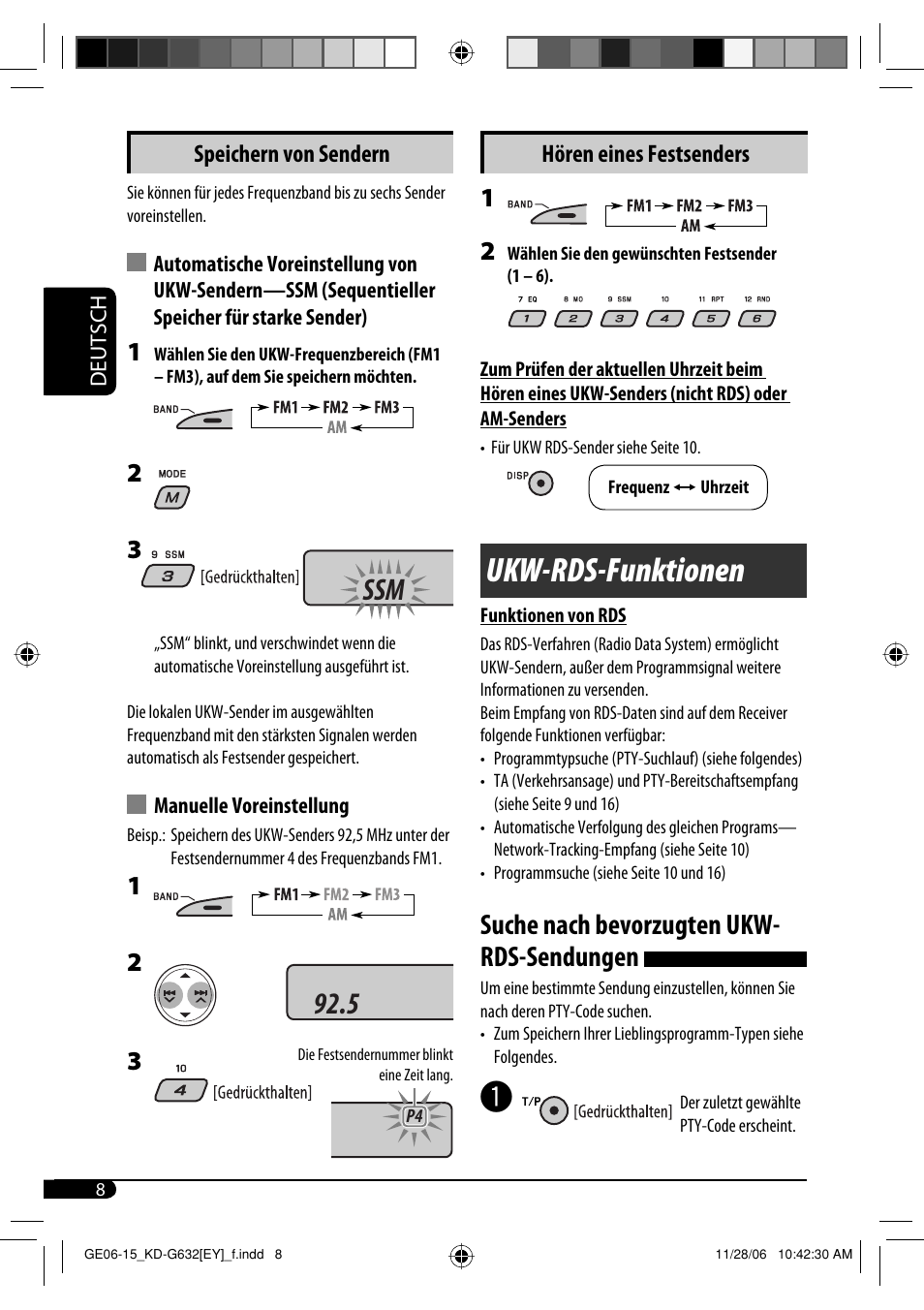 Ukw-rds-funktionen, Ssm 92.5, Suche nach bevorzugten ukw- rds-sendungen | Speichern von sendern, Hören eines festsenders | JVC KD-G631 User Manual | Page 36 / 86