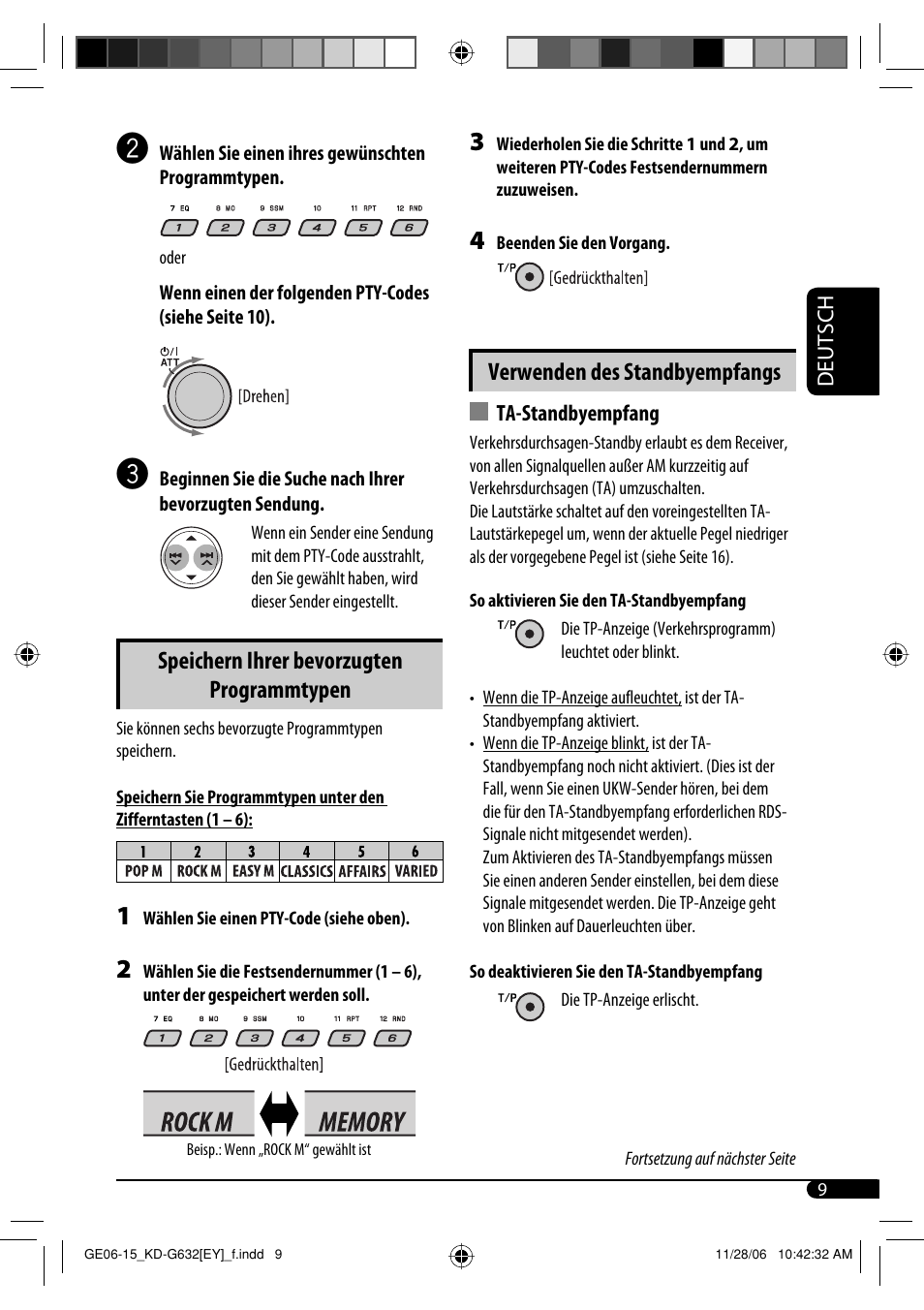 Speichern ihrer bevorzugten programmtypen, Verwenden des standbyempfangs | JVC KD-G631 User Manual | Page 37 / 86