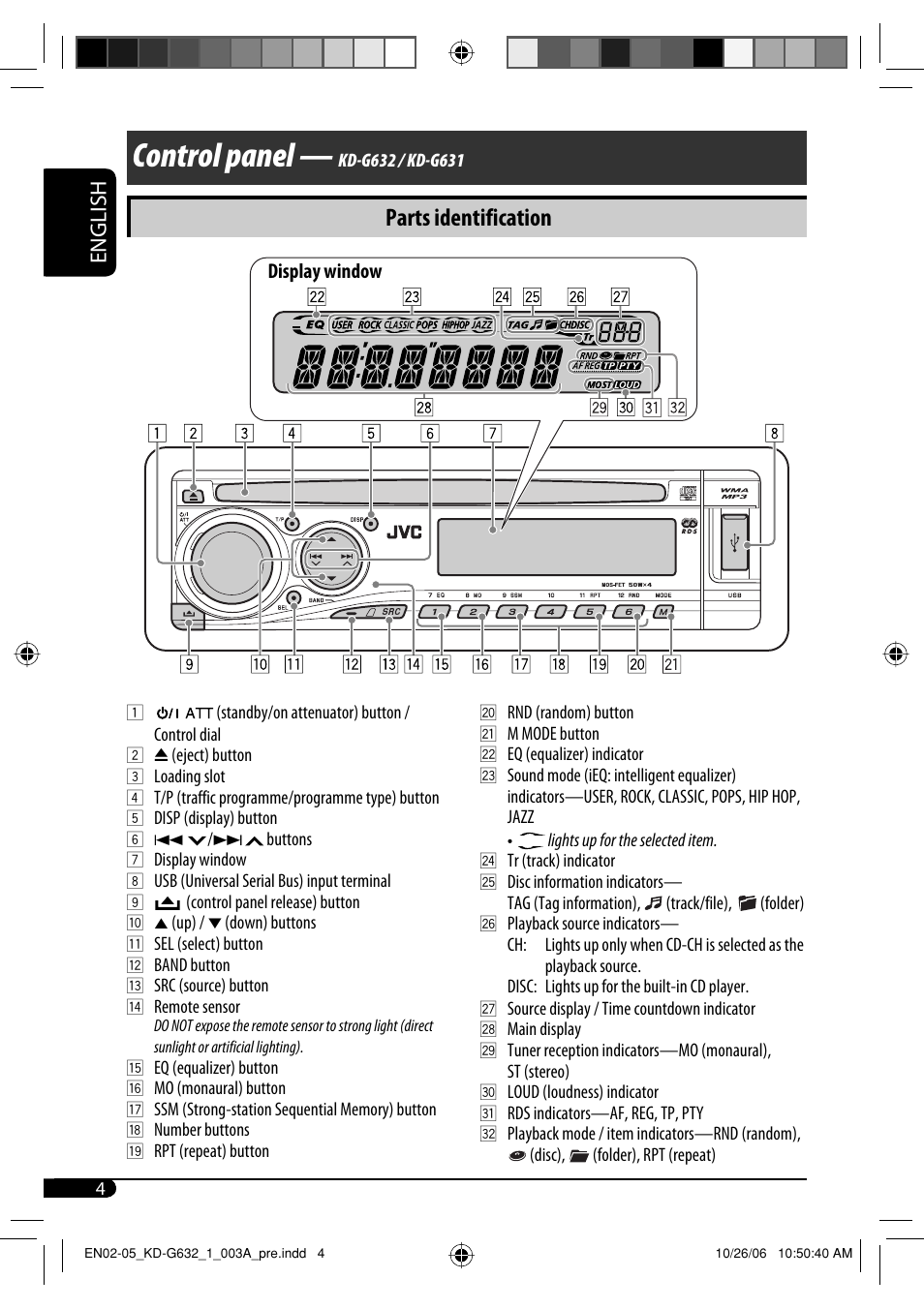 Control panel, Parts identification, English | JVC KD-G631 User Manual | Page 4 / 86