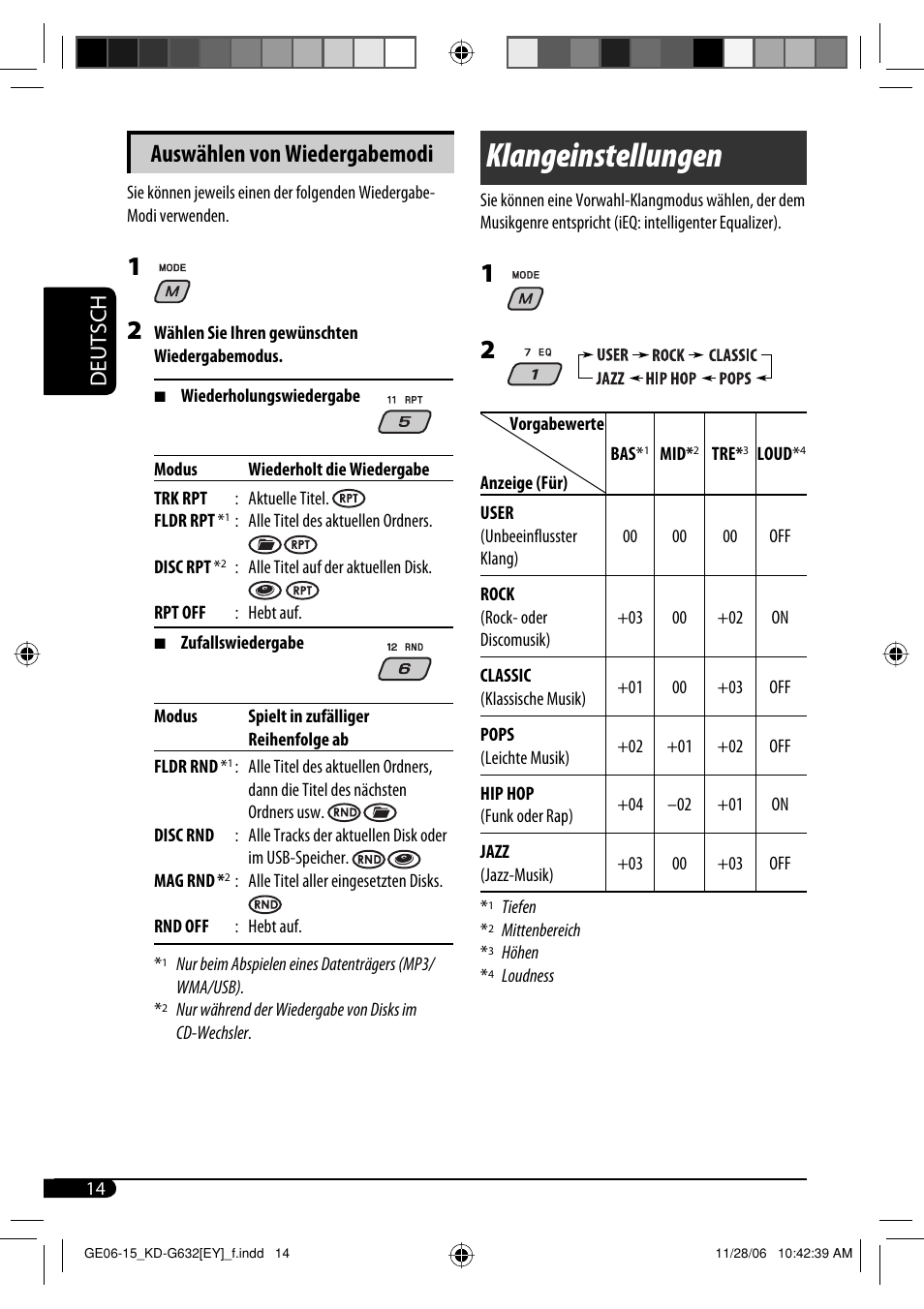 Klangeinstellungen, Auswählen von wiedergabemodi, Deutsch | JVC KD-G631 User Manual | Page 42 / 86