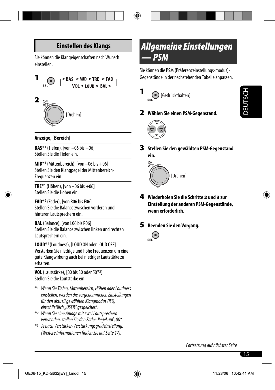 Allgemeine einstellungen — psm, Einstellen des klangs, Deutsch | JVC KD-G631 User Manual | Page 43 / 86