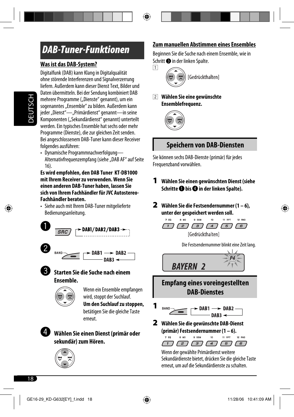 Dab-tuner-funktionen, Speichern von dab-diensten, Empfang eines voreingestellten dab-dienstes | JVC KD-G631 User Manual | Page 46 / 86