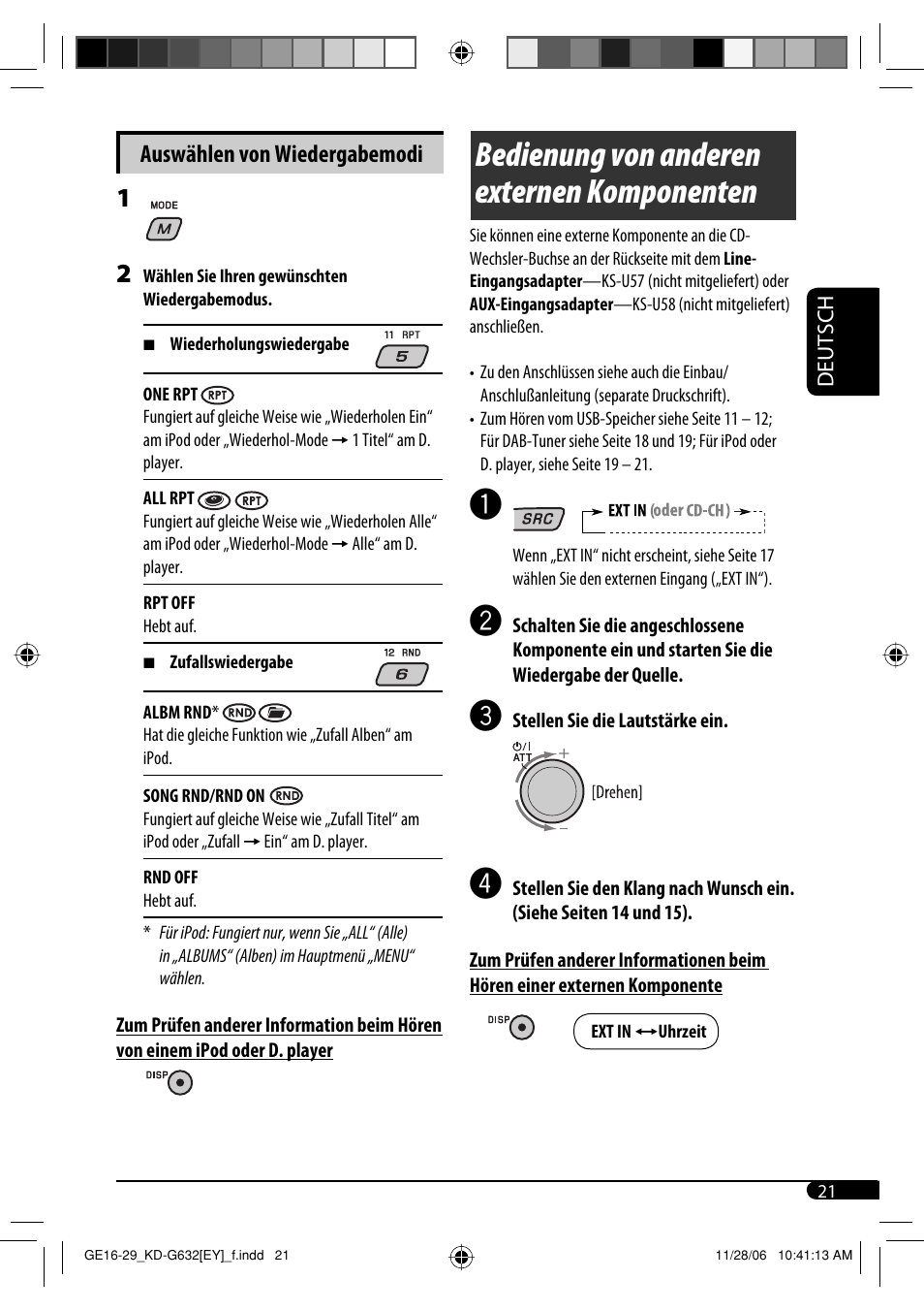 Bedienung von anderen externen komponenten, Auswählen von wiedergabemodi | JVC KD-G631 User Manual | Page 49 / 86