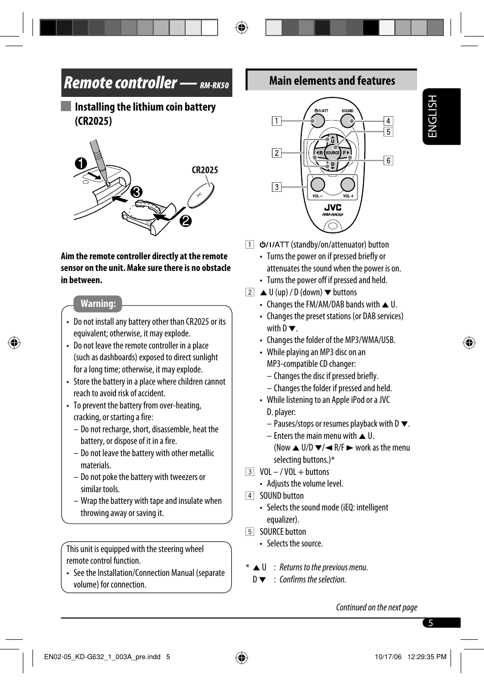 Remote controller, Main elements and features, English | Installing the lithium coin battery (cr2025) | JVC KD-G631 User Manual | Page 5 / 86
