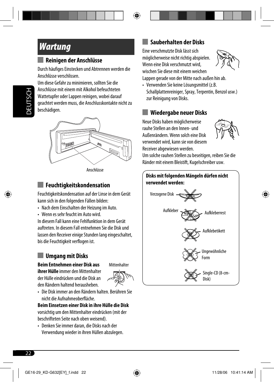 Wartung, Deutsch, Reinigen der anschlüsse | Feuchtigkeitskondensation, Umgang mit disks, Sauberhalten der disks, Wiedergabe neuer disks | JVC KD-G631 User Manual | Page 50 / 86