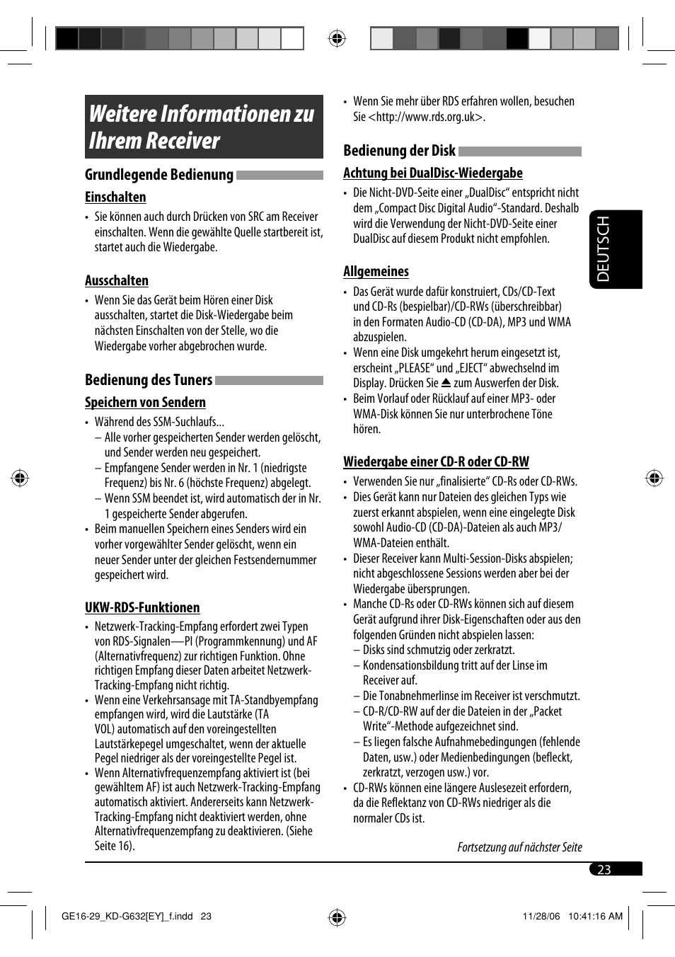 Weitere informationen zu ihrem receiver, Deutsch, Grundlegende bedienung | Bedienung des tuners, Bedienung der disk | JVC KD-G631 User Manual | Page 51 / 86