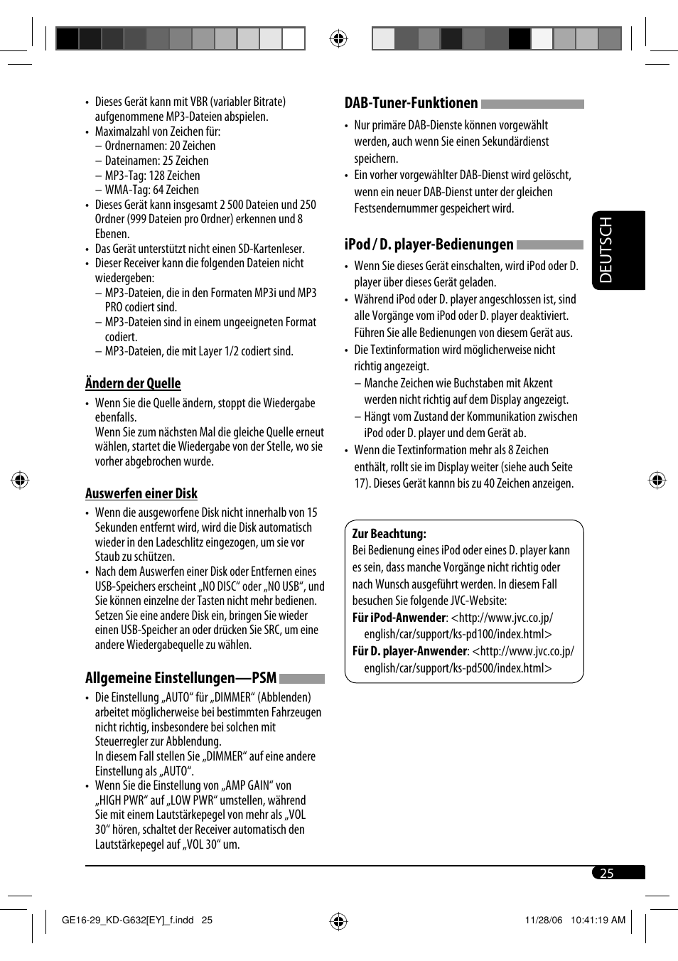 Deutsch, Allgemeine einstellungen—psm, Dab-tuner-funktionen | Ipod / d. player-bedienungen | JVC KD-G631 User Manual | Page 53 / 86